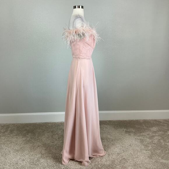 Eliza J Off the Shoulder Evening Gown Size 10 Pink Chiffon Feather Trim A-Line - Picture 4 of 12